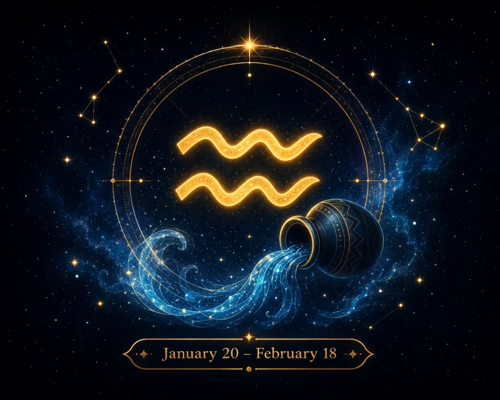 Aquarius sun sign symbol with January 20 to February 18 dates in a cosmic astrology design