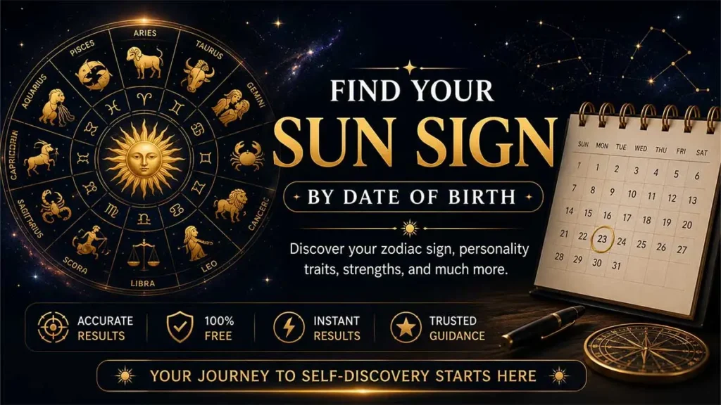 Sun sign by date of birth with zodiac signs and astrology calendar