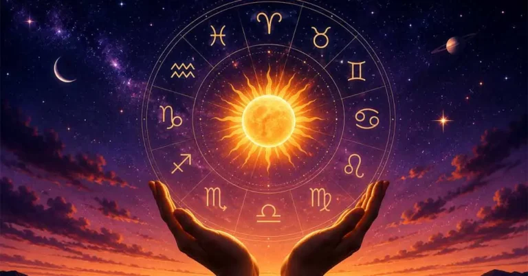 Astrology illustration showing a glowing zodiac wheel, bright sun, and cosmic sky representing how sun signs work in astrology