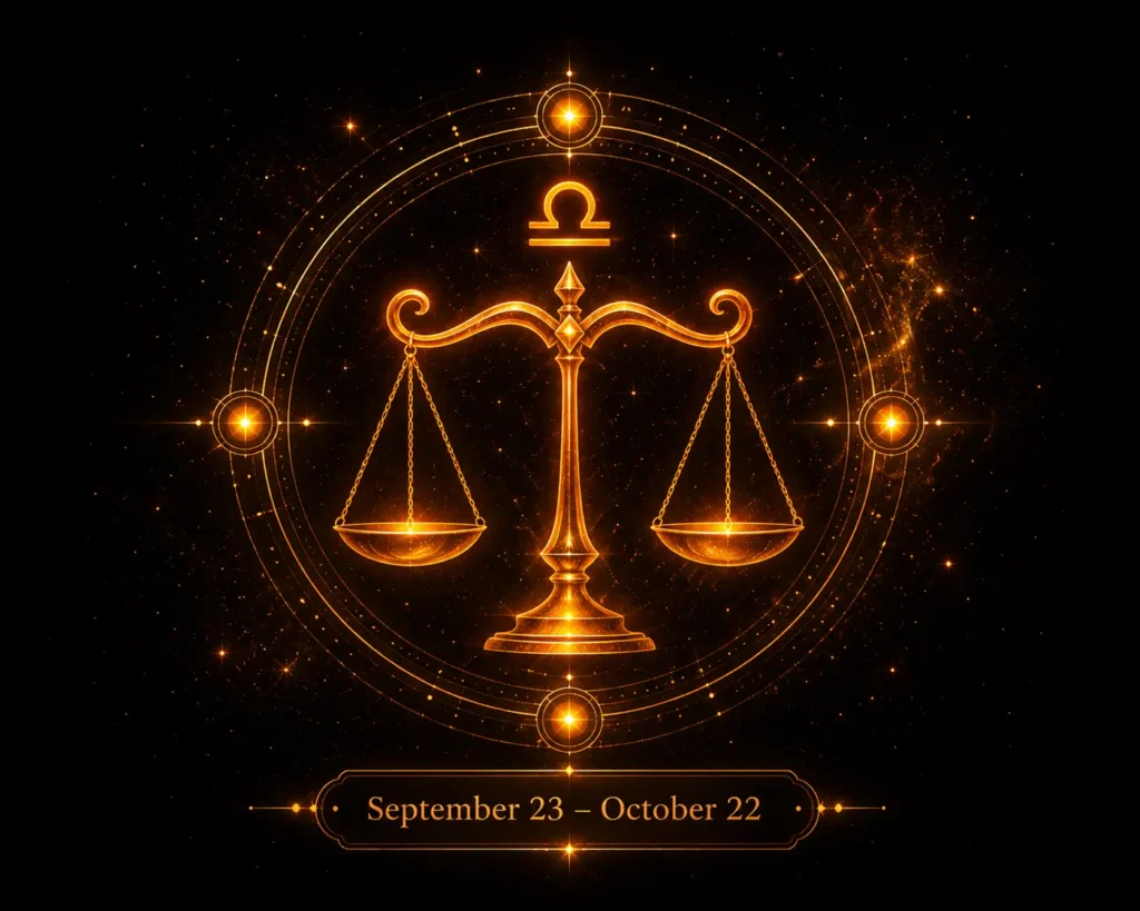 Libra sun sign zodiac symbol with glowing golden astrology design and date range September 23 to October 22