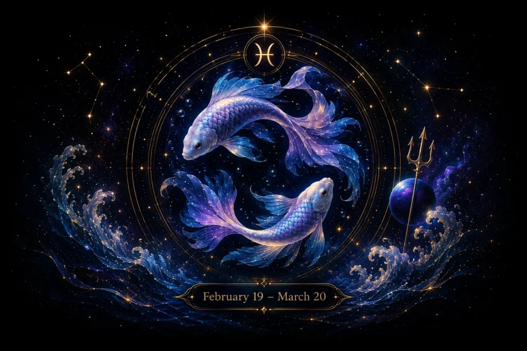 Pisces sun sign astrology image with two glowing fish, water waves, stars, and February 19 to March 20 date range