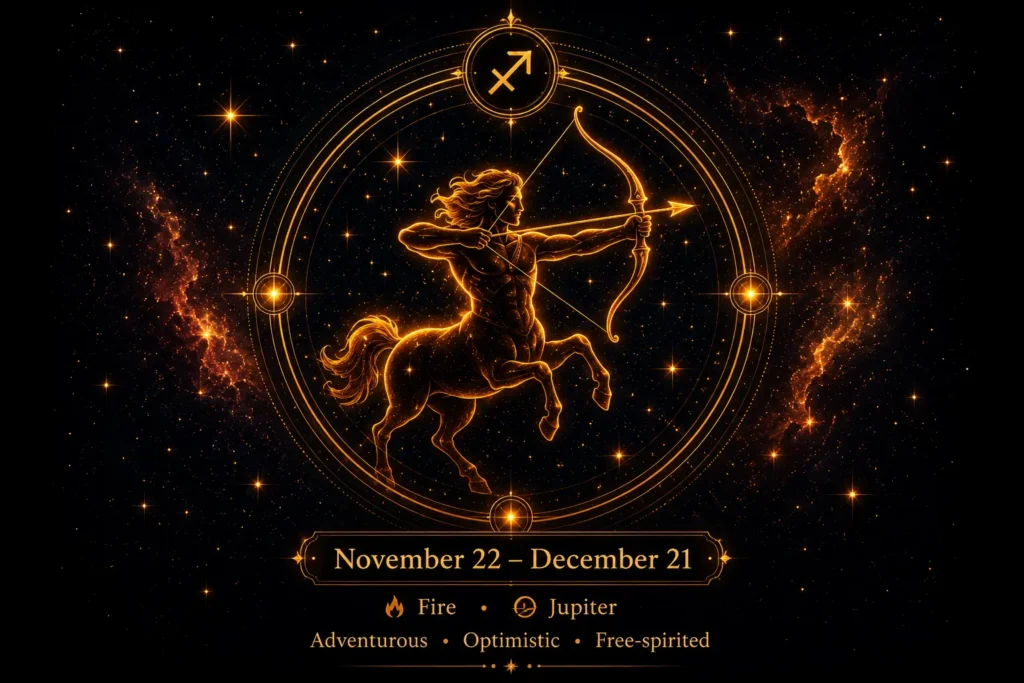 Sagittarius sun sign glowing centaur archer with November 22 to December 21 dates on a dark golden astrology background.