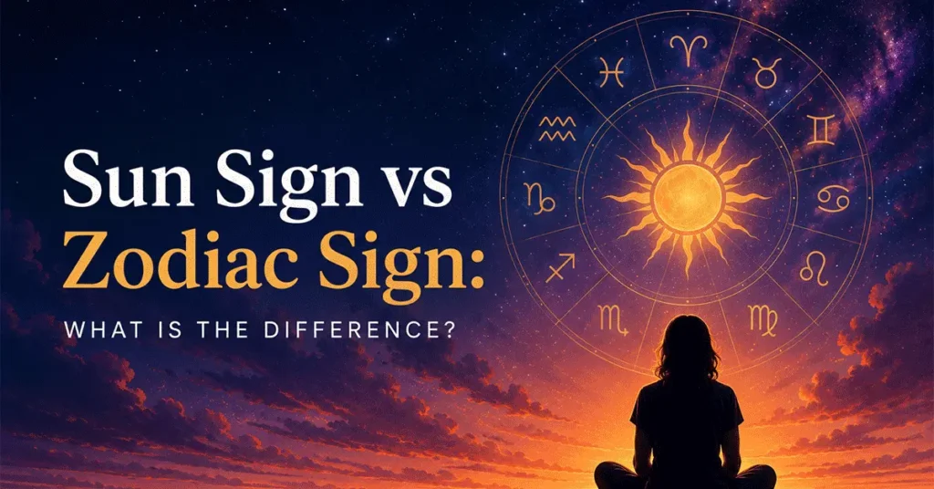 Illustration showing a glowing zodiac wheel and a person sitting under a cosmic sky for a sun sign vs zodiac sign astrology guide