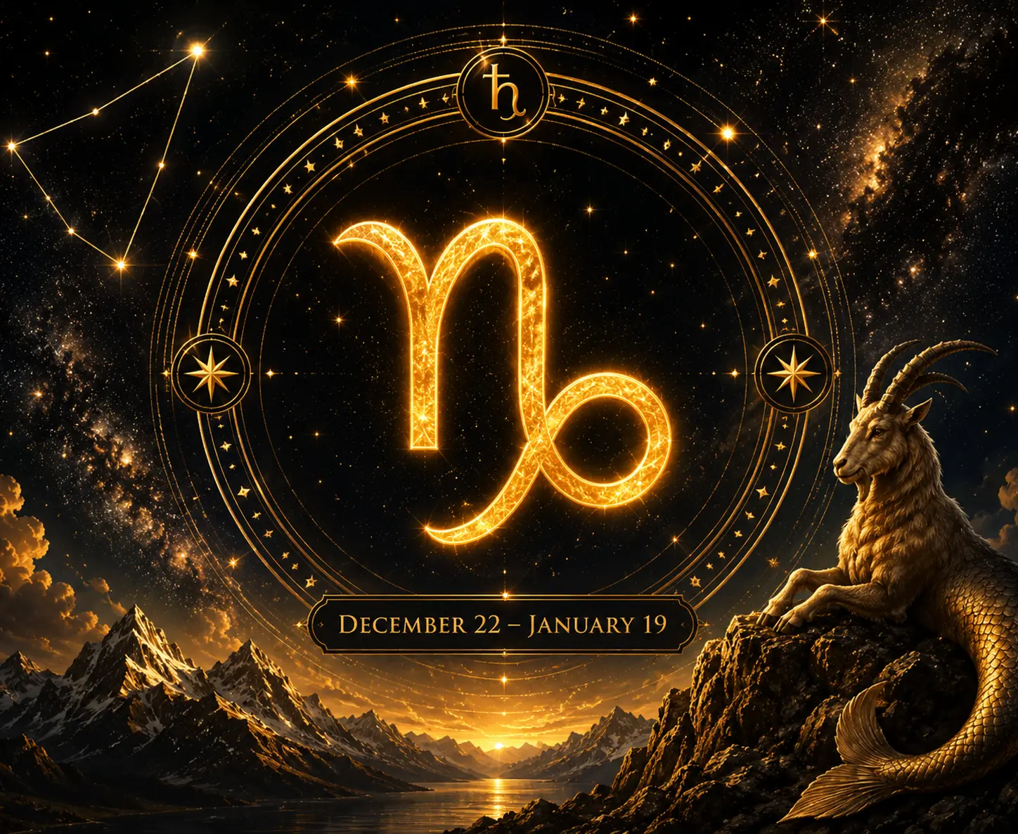 Capricorn sun sign 
zodiac symbol with December 22 to January 19 dates, golden astrology design, mountain landscape, and Capricorn goat.