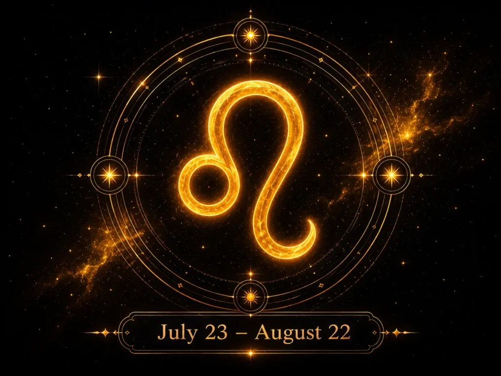 Leo sun sign symbol with July 23 to August 22 date range in a dark astrology style