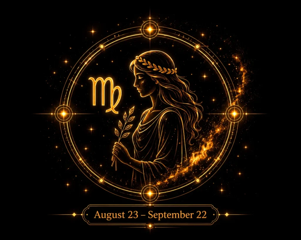 Virgo sun sign zodiac symbol with glowing golden astrology design and date range August 23 to September 22