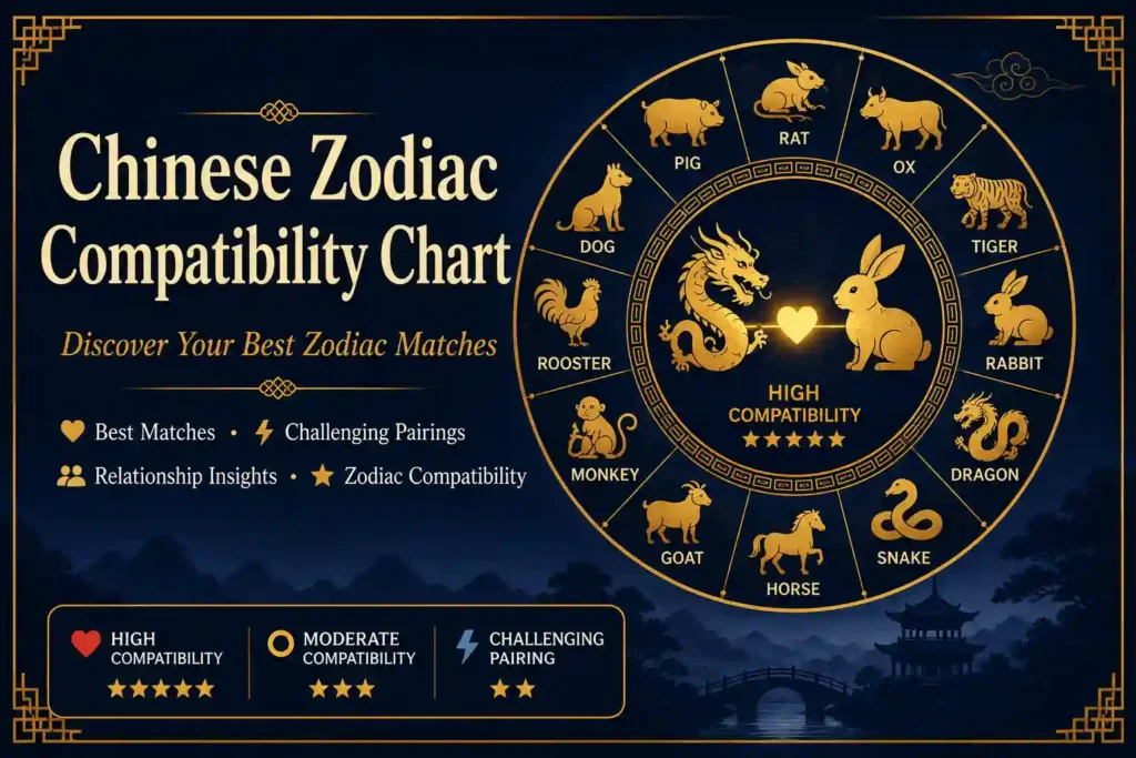 Chinese zodiac compatibility chart showing zodiac animal matches and relationship compatibility in Chinese astrology.