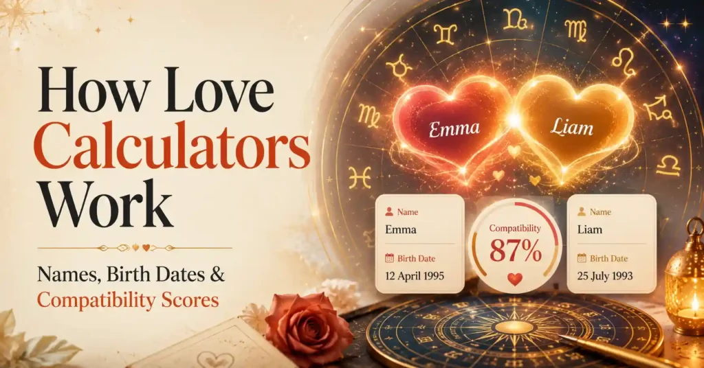 How love calculators work using names, birth dates, and compatibility scores