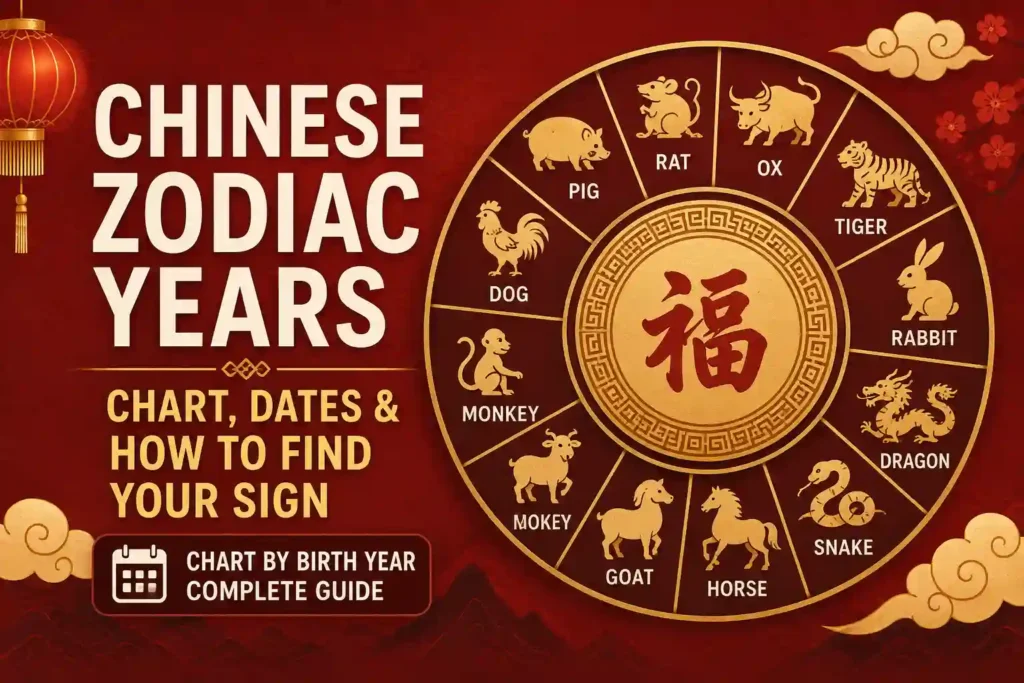 Chinese zodiac years chart showing the 12 zodiac animals and how to find your Chinese zodiac sign by birth year.