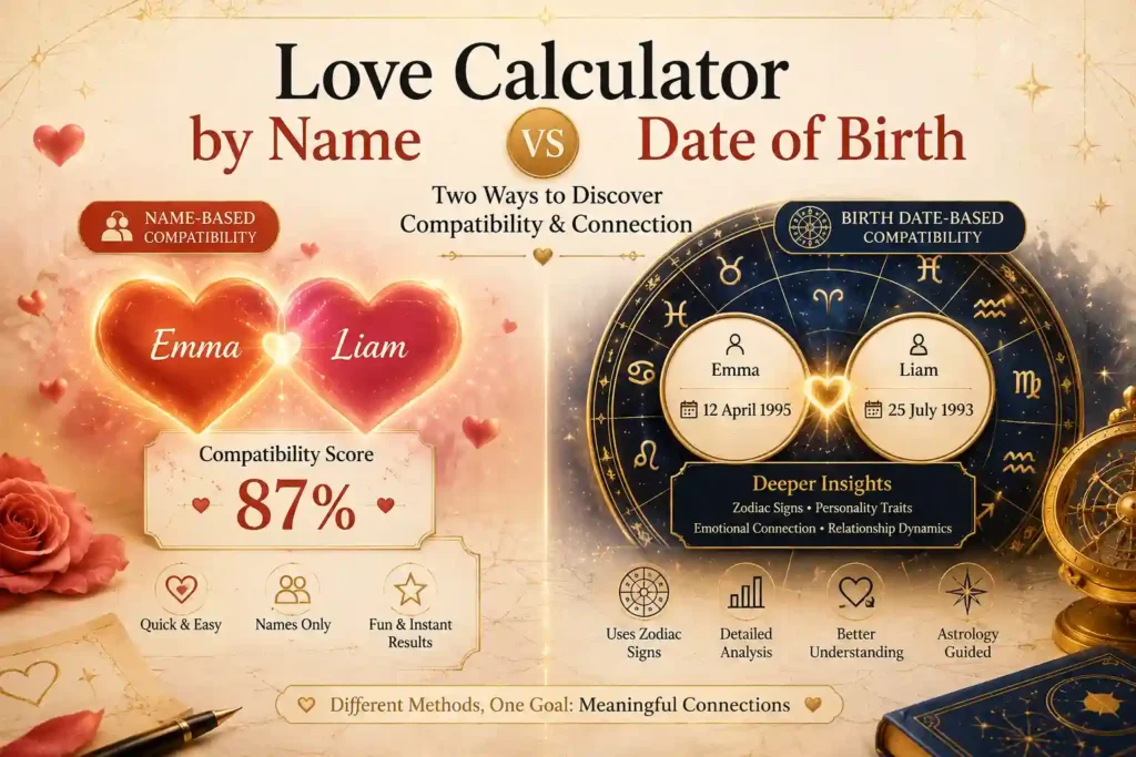 Love Calculator by Name vs Date of Birth compatibility comparison with zodiac and relationship insights