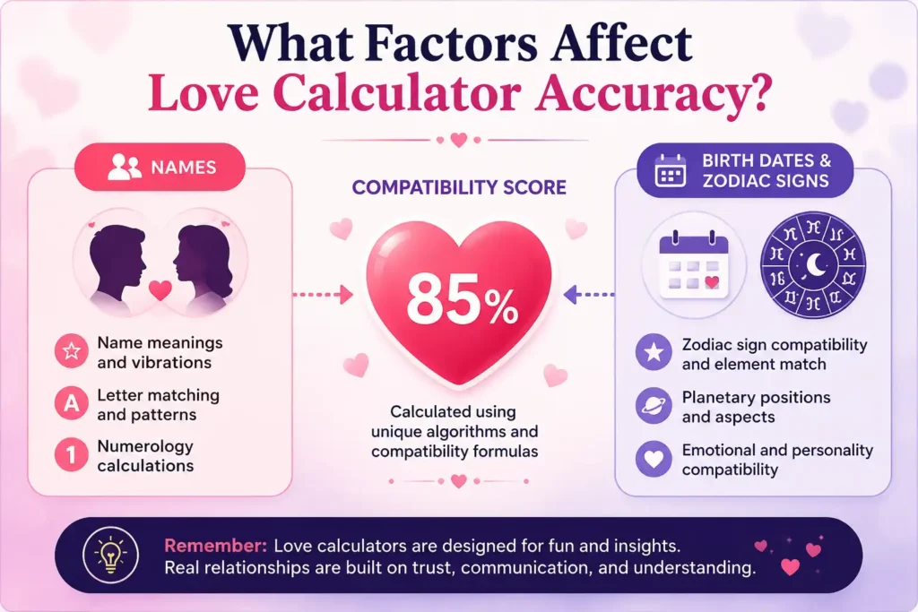 Love calculator accuracy factors showing how names, birth dates, zodiac signs, and compatibility formulas influence relationship scores