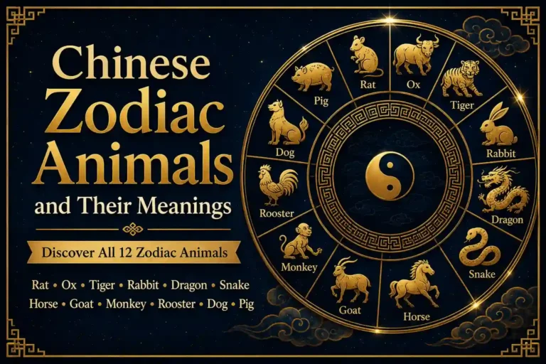 Chinese zodiac animals chart showing the 12 zodiac animals and their traditional meanings in Chinese astrology.