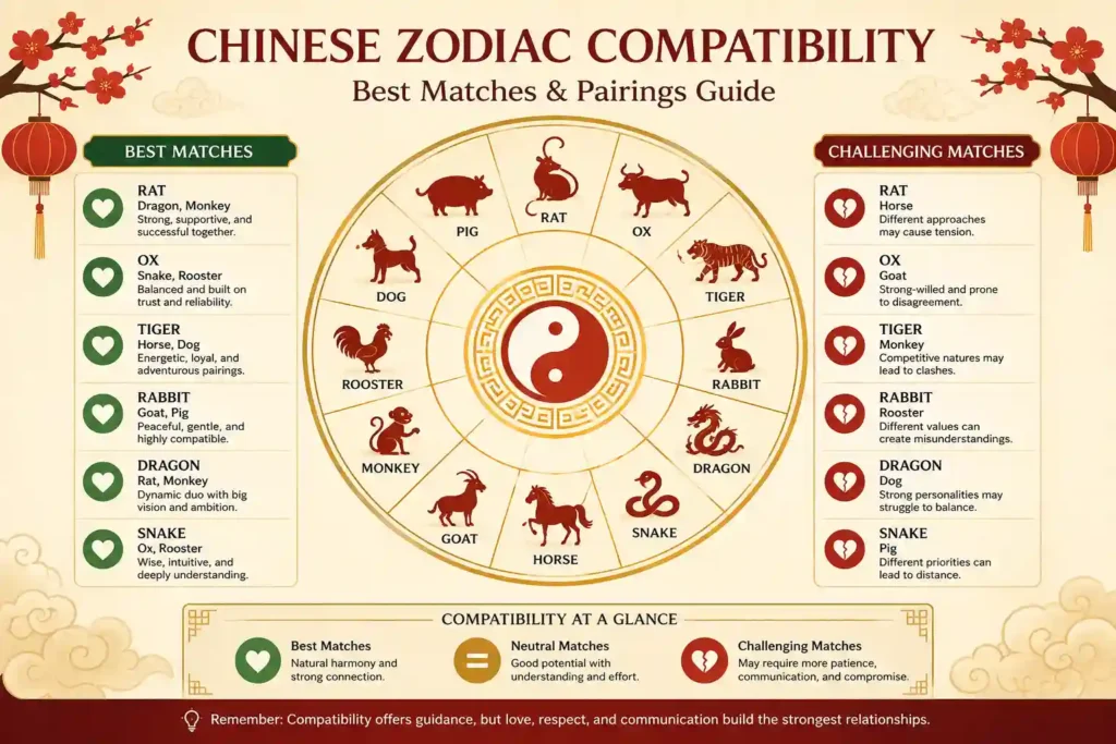 Chinese zodiac compatibility chart showing the 12 zodiac animals, best matches, challenging matches, and relationship compatibility pairings.