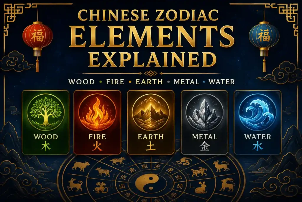 Chinese zodiac elements chart showing Wood, Fire, Earth, Metal, and Water elements in Chinese astrology.